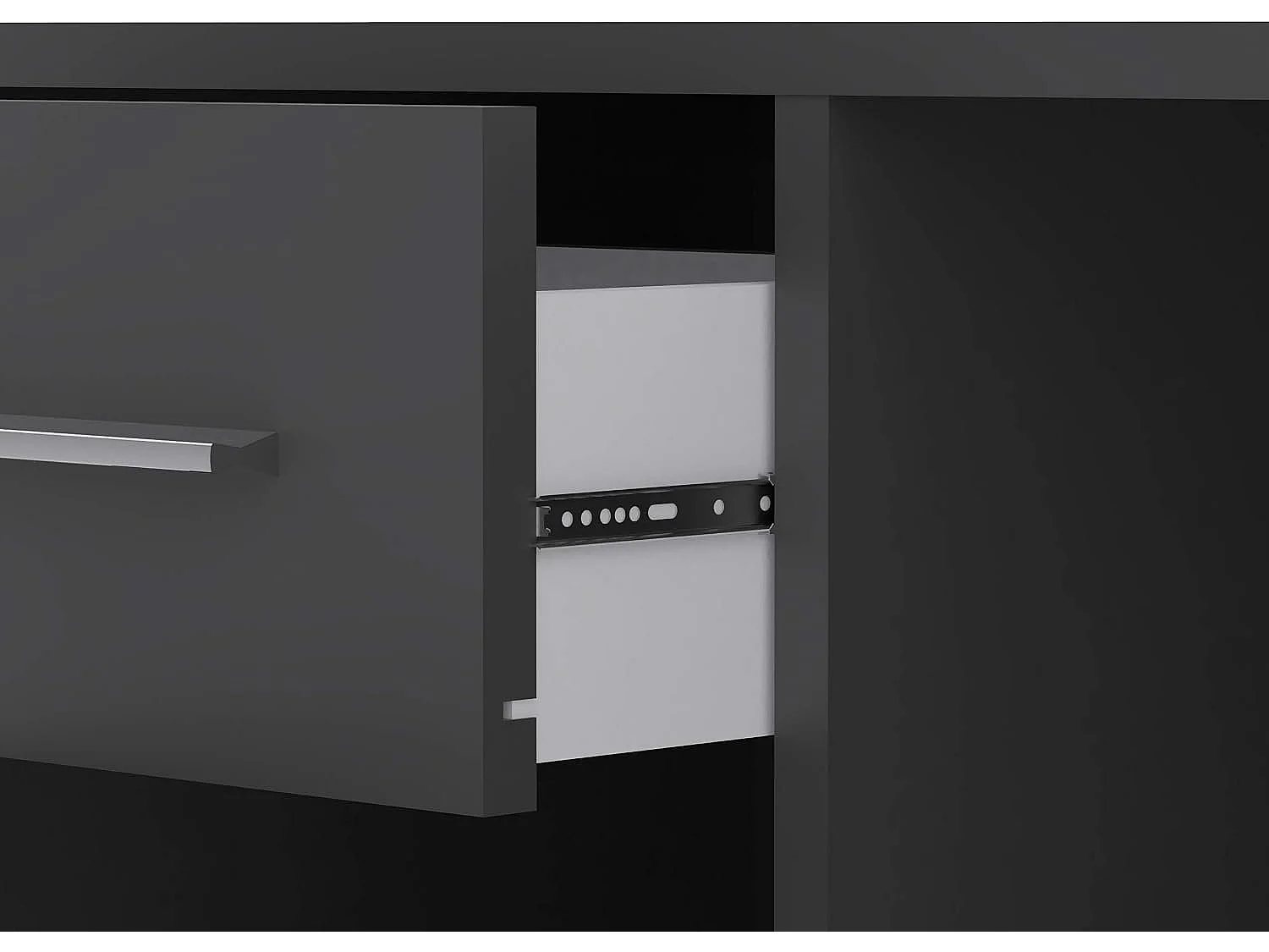 Schreibtisch Linaza, Eckform, 120x92x74h cm Schwarz Anthrazit, eine Schublade, 2 Regale