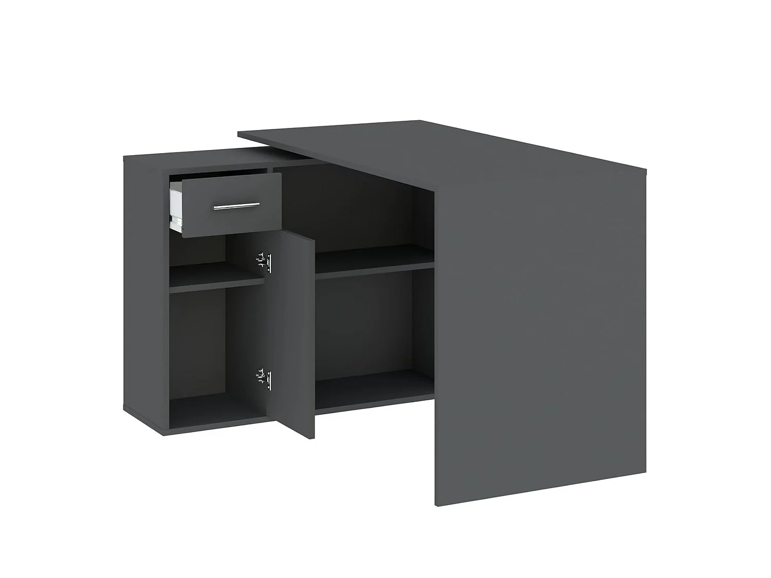 Schreibtisch Linaza, Eckform, 120x92x74h cm Schwarz Anthrazit, eine Schublade, 2 Regale