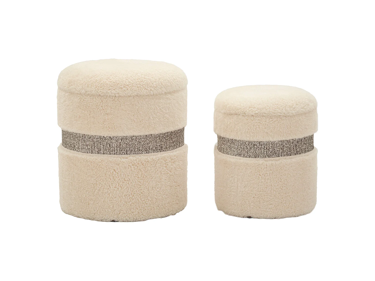 Pouf de rangement Luder, set de 2, 40x40x47h cm Blanc Crème, Forme Ronde, Structure en Tissu