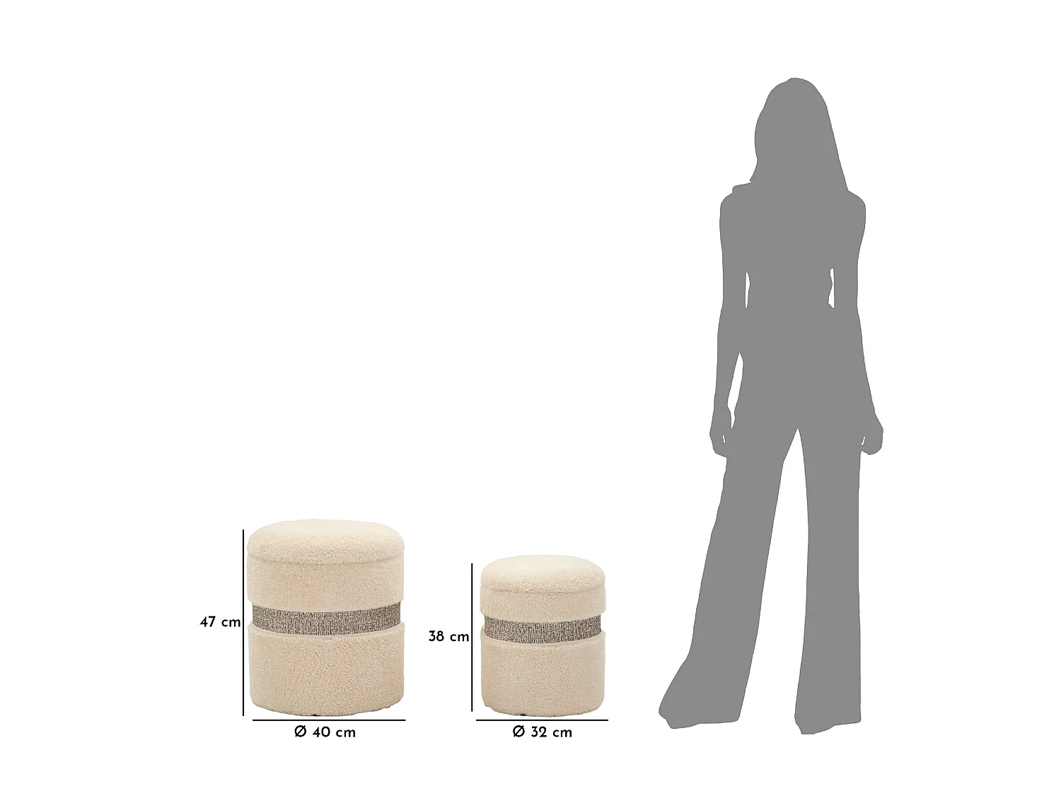 Pouf de rangement Luder, set de 2, 40x40x47h cm Blanc Crème, Forme Ronde, Structure en Tissu