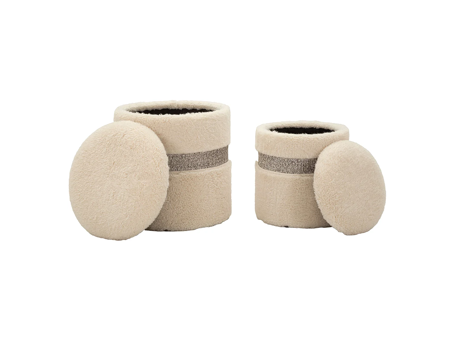 Pouf de rangement Luder, set de 2, 40x40x47h cm Blanc Crème, Forme Ronde, Structure en Tissu