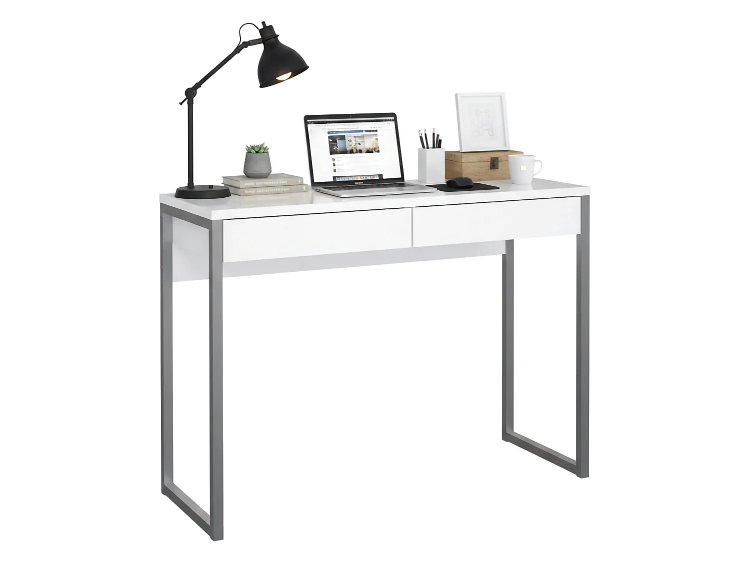Anavi bureau, 2 lades, 101x40x77h cm wit, framekleur grijs, blad van gemelamineerd hout