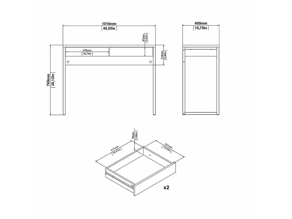 Anavi bureau, 2 lades, 101x40x77h cm wit, framekleur grijs, blad van gemelamineerd hout