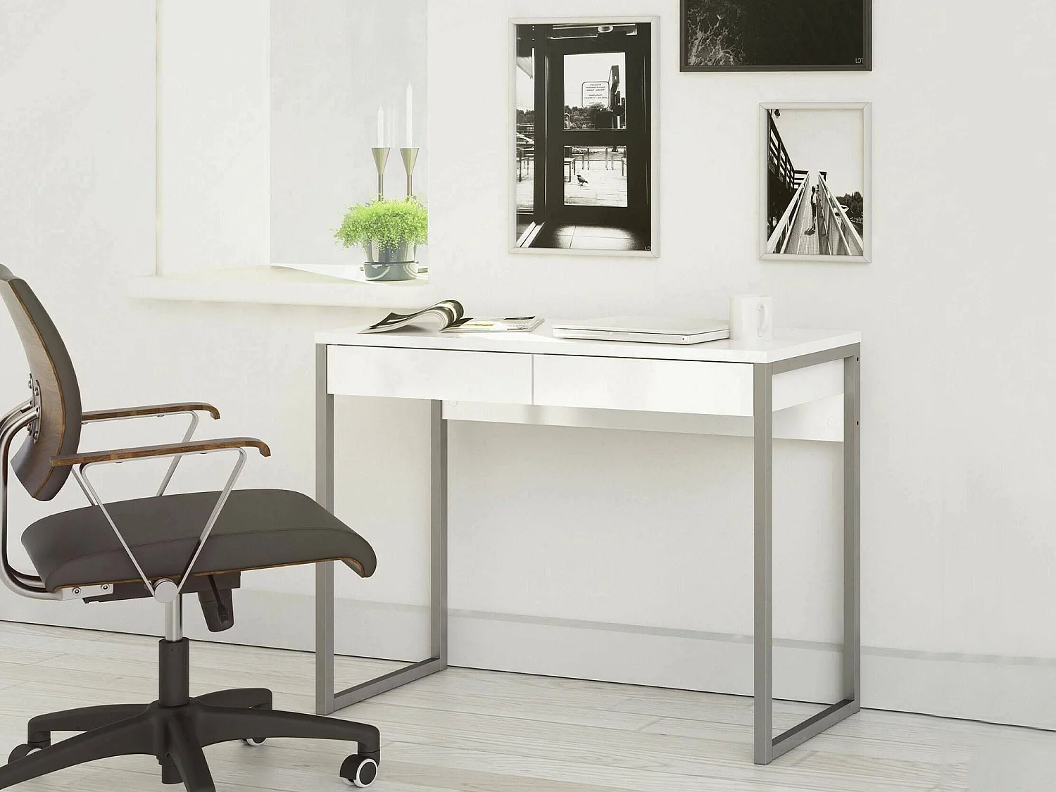 Anavi bureau, 2 lades, 101x40x77h cm wit, framekleur grijs, blad van gemelamineerd hout