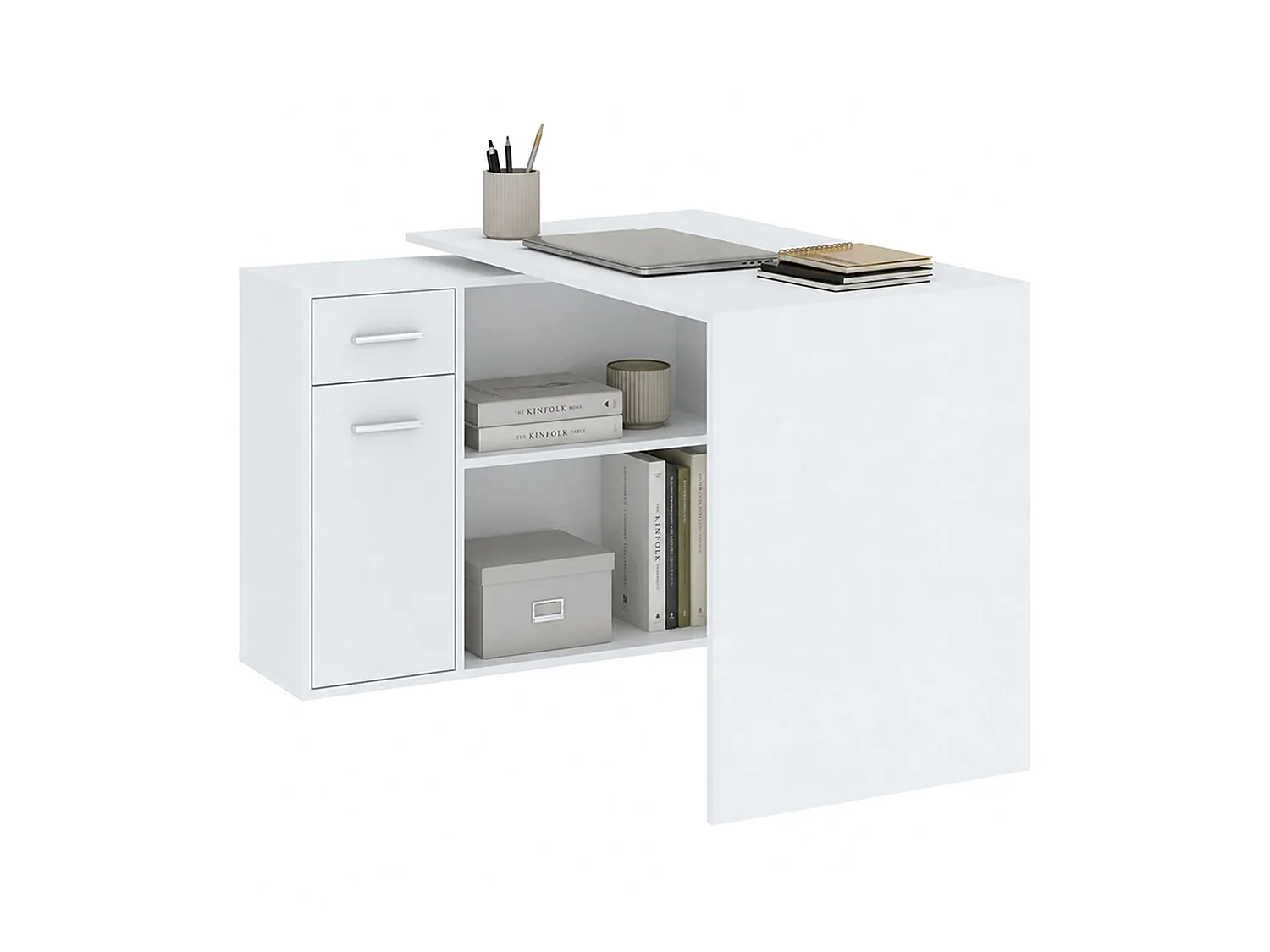Scrivania Linaza, Angolare, 120x92x74h cm Bianco, un Cassetto, 2 Ripiani