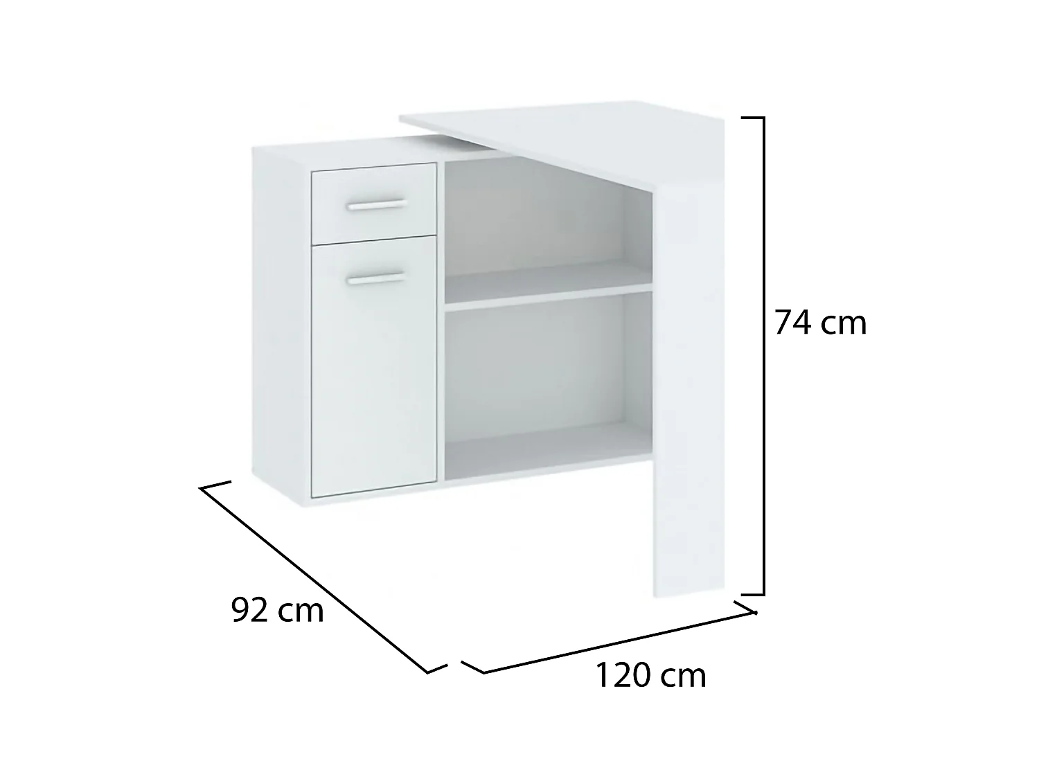 Scrivania Linaza, Angolare, 120x92x74h cm Bianco, un Cassetto, 2 Ripiani