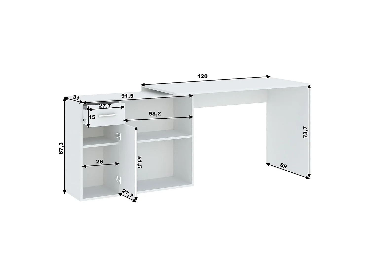 Scrivania Linaza, Angolare, 120x92x74h cm Bianco, un Cassetto, 2 Ripiani