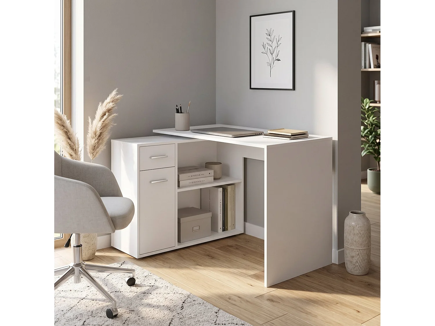 Scrivania Linaza, Angolare, 120x92x74h cm Bianco, un Cassetto, 2 Ripiani