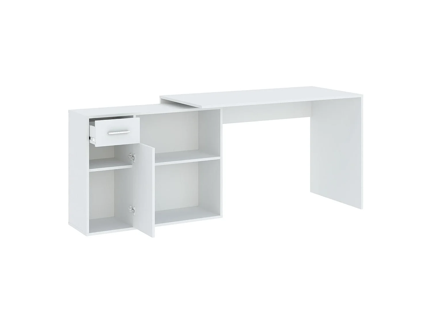 Scrivania Linaza, Angolare, 120x92x74h cm Bianco, un Cassetto, 2 Ripiani