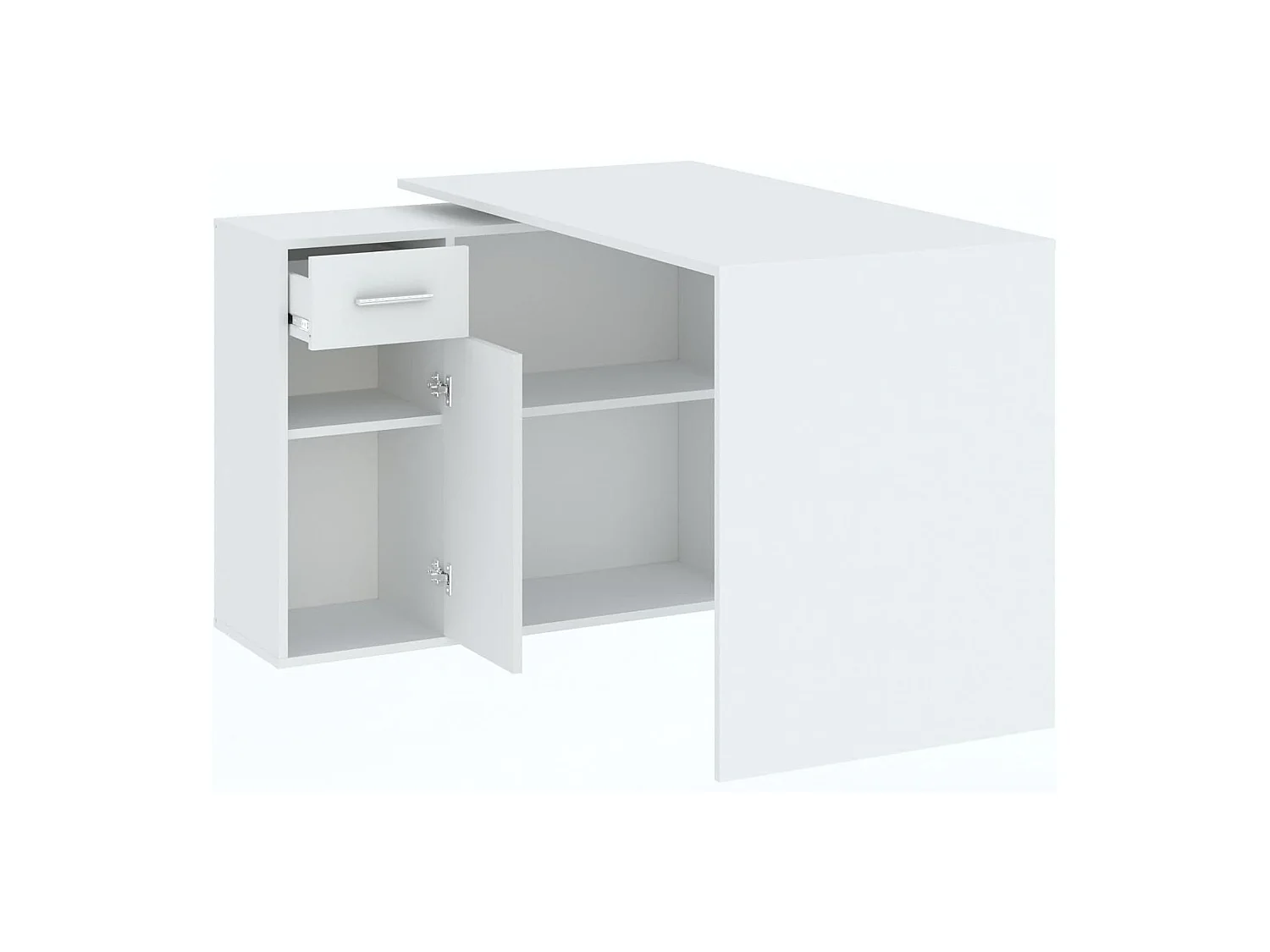 Scrivania Linaza, Angolare, 120x92x74h cm Bianco, un Cassetto, 2 Ripiani