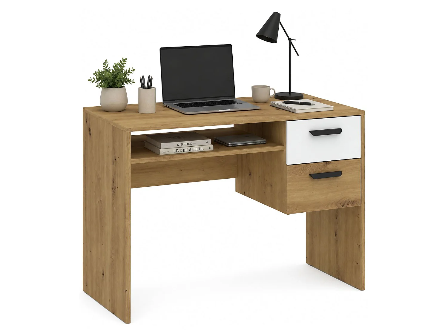 Meuble de Bureau Linimi, 2 Tiroirs, 71x33x75h cm Chêne Marron Noeuds, 2 Étagères, un Compartiment