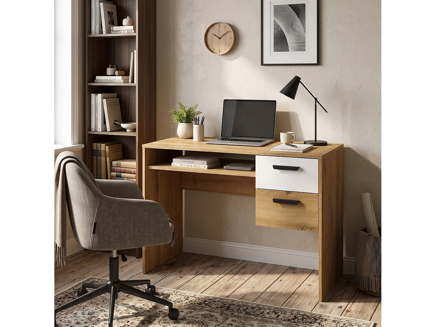 Meuble de Bureau Linimi, 2 Tiroirs, 71x33x75h cm Chêne Marron Noeuds, 2 Étagères, un Compartiment