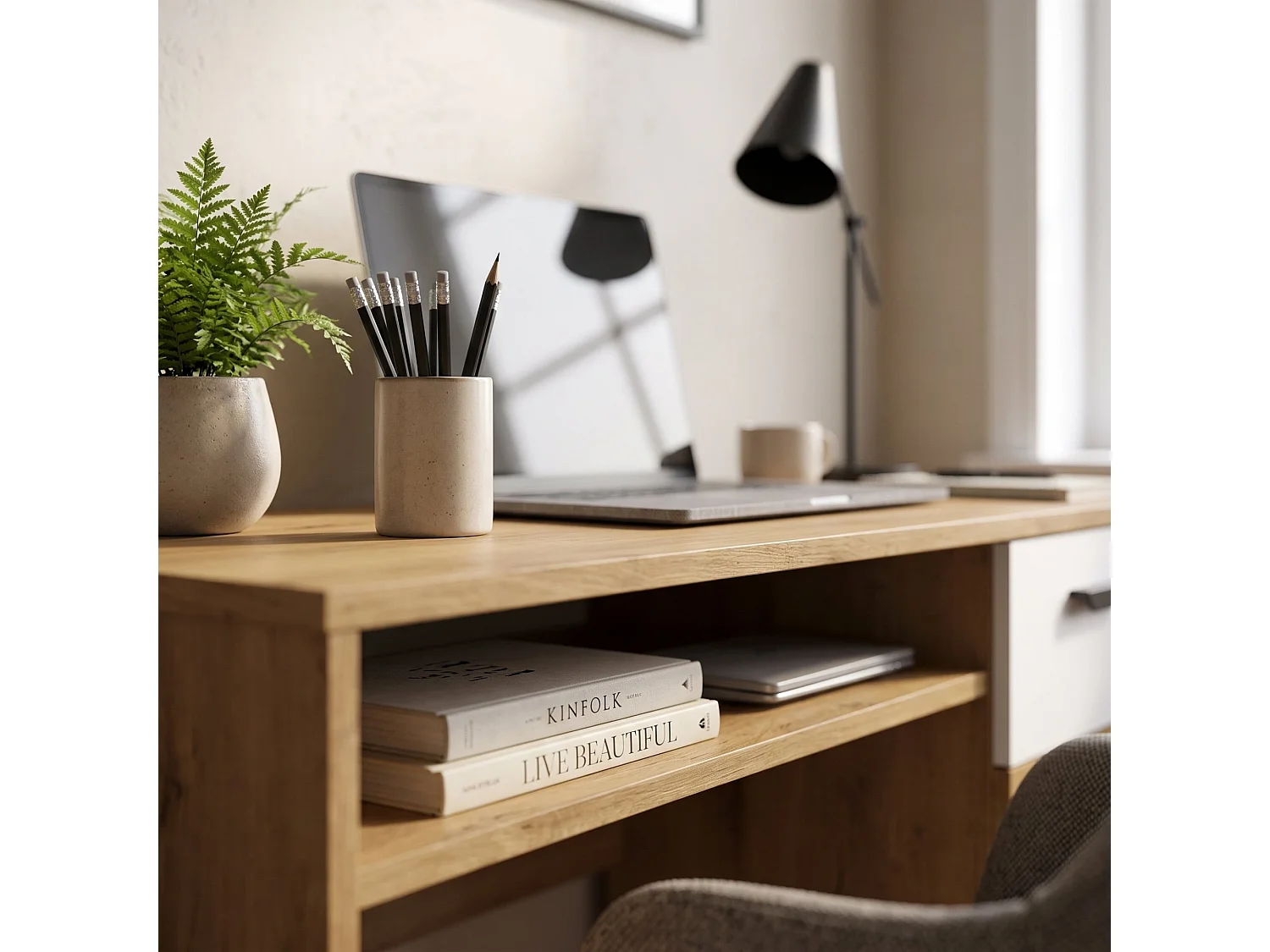 Meuble de Bureau Linimi, 2 Tiroirs, 71x33x75h cm Chêne Marron Noeuds, 2 Étagères, un Compartiment