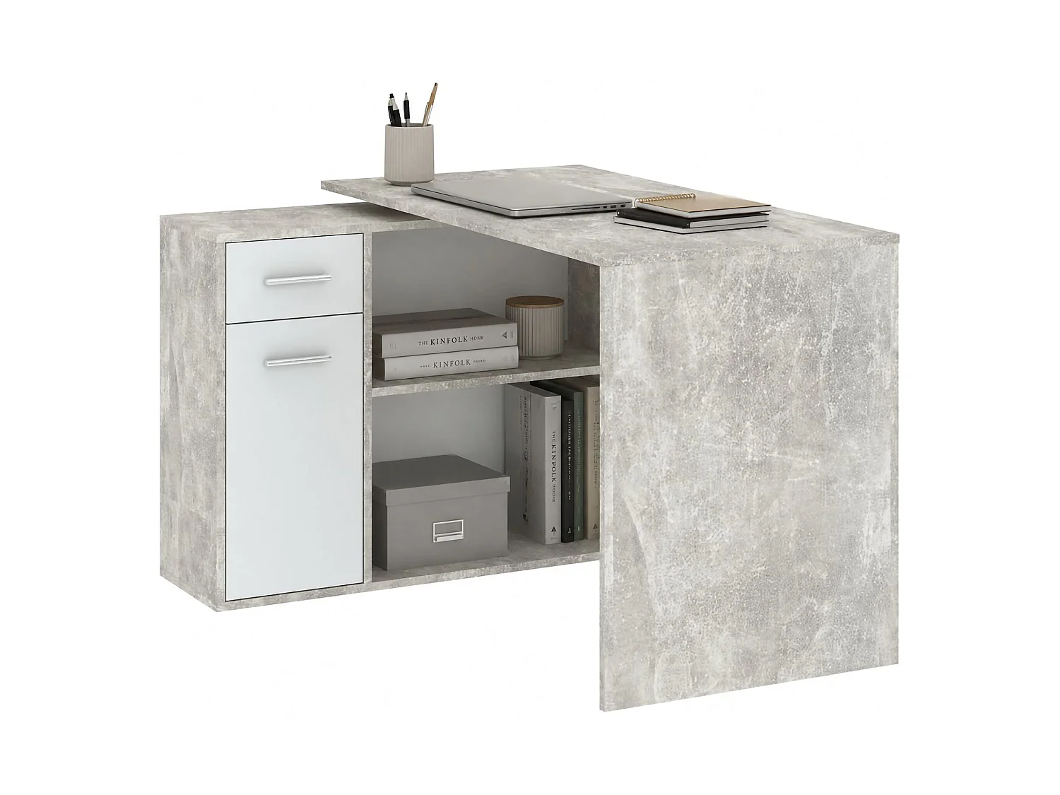 Scrivania Linaza, Angolare, 120x92x74h cm Grigio Cemento, un Cassetto, 2 Ripiani
