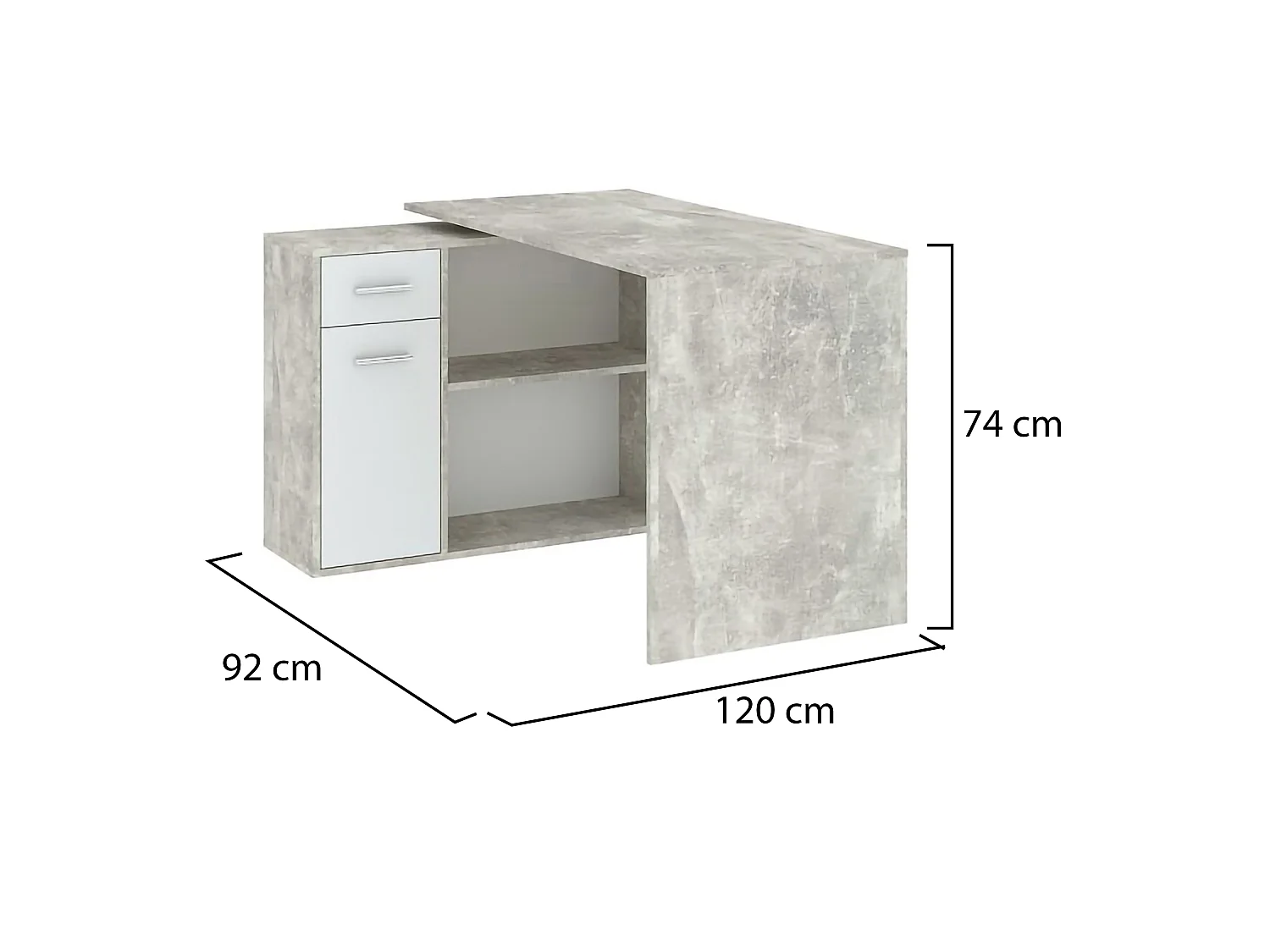 Scrivania Linaza, Angolare, 120x92x74h cm Grigio Cemento, un Cassetto, 2 Ripiani