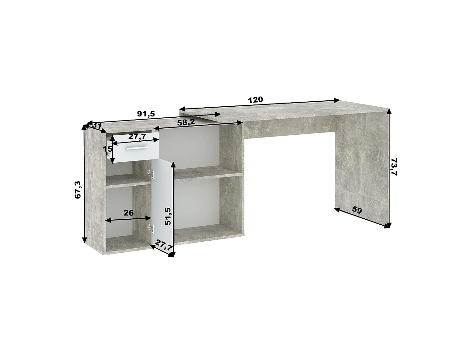Scrivania Linaza, Angolare, 120x92x74h cm Grigio Cemento, un Cassetto, 2 Ripiani