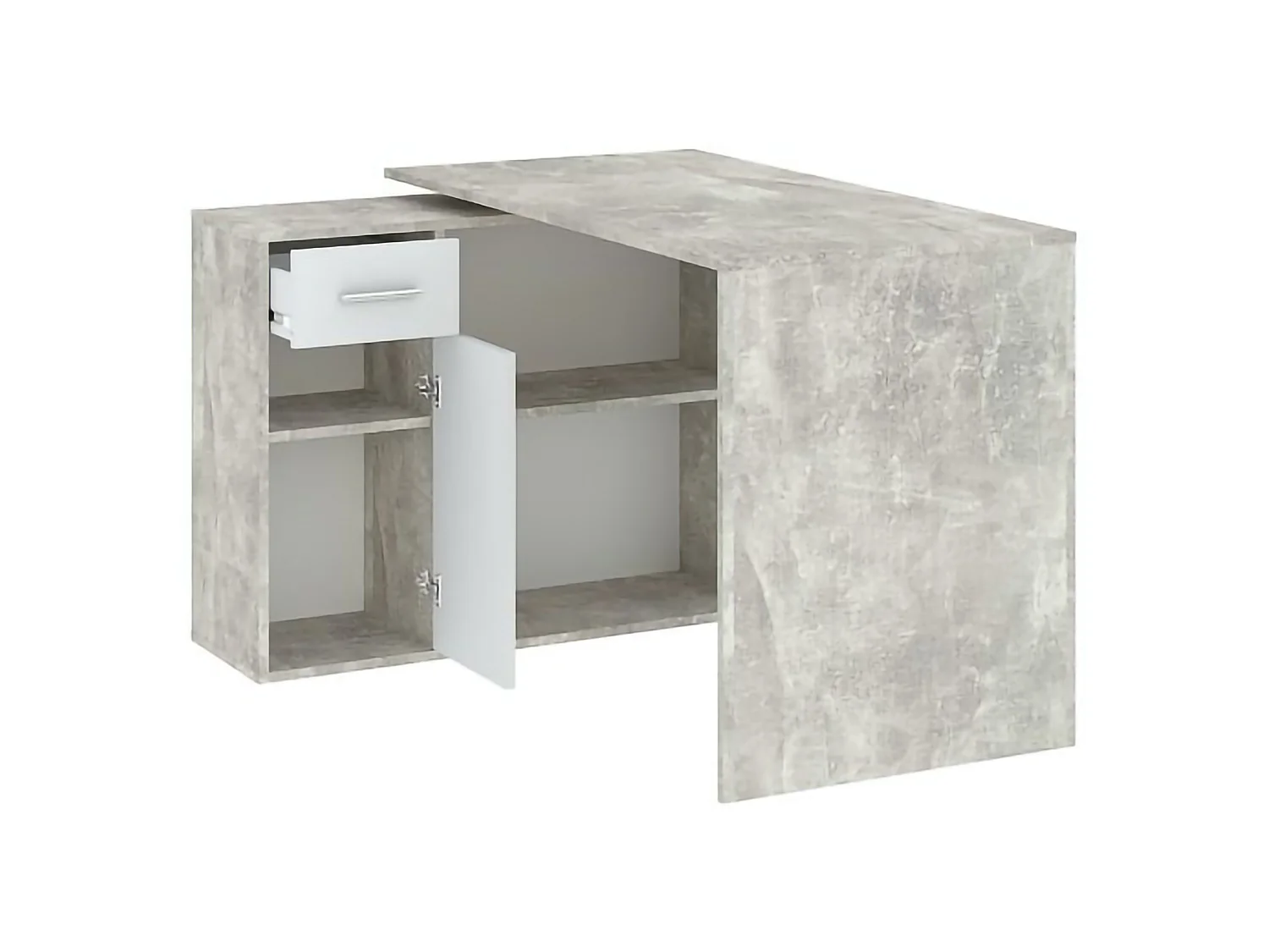 Scrivania Linaza, Angolare, 120x92x74h cm Grigio Cemento, un Cassetto, 2 Ripiani