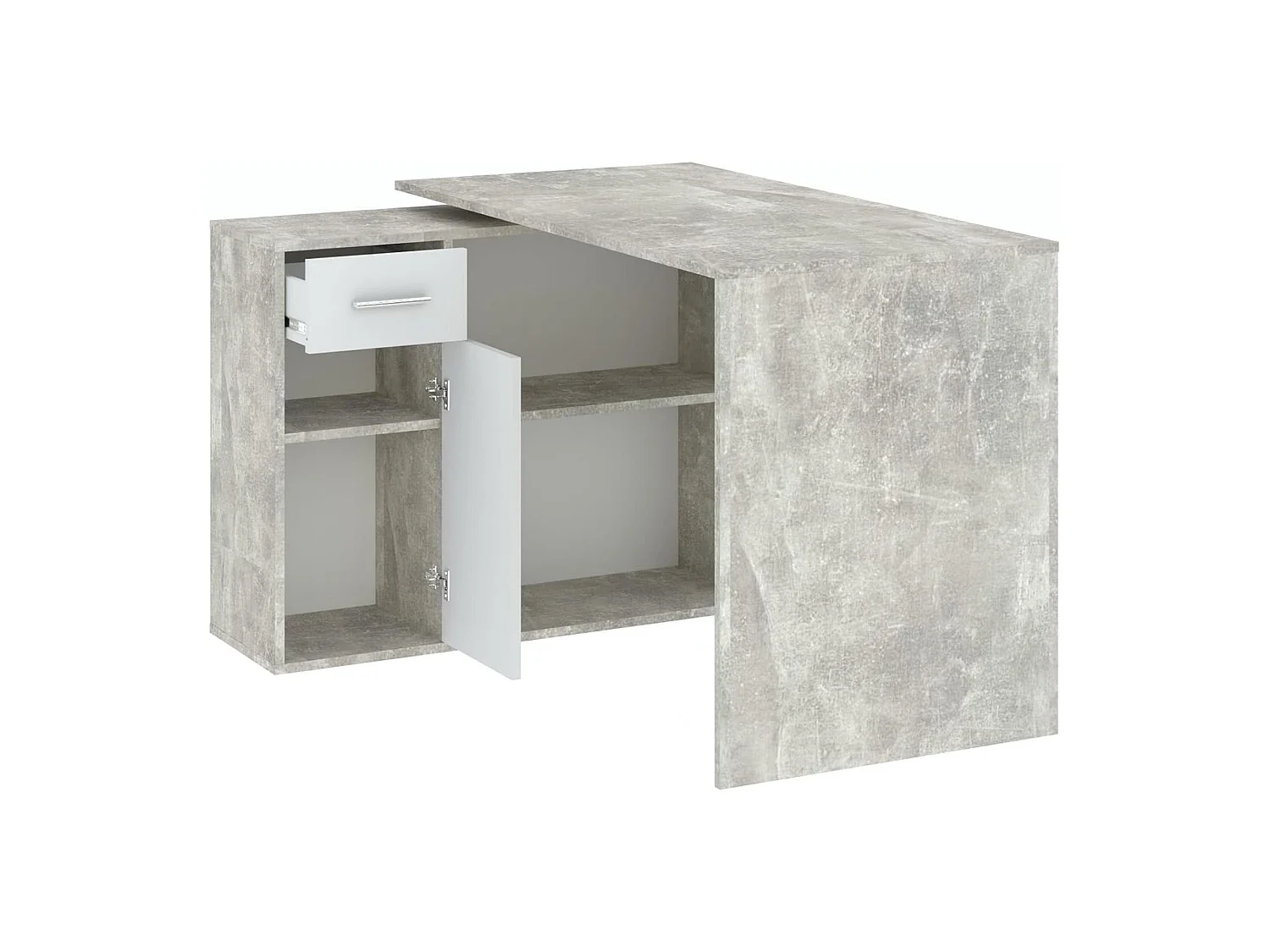Scrivania Linaza, Angolare, 120x92x74h cm Grigio Cemento, un Cassetto, 2 Ripiani