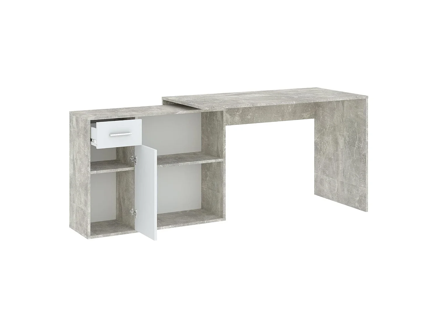 Scrivania Linaza, Angolare, 120x92x74h cm Grigio Cemento, un Cassetto, 2 Ripiani
