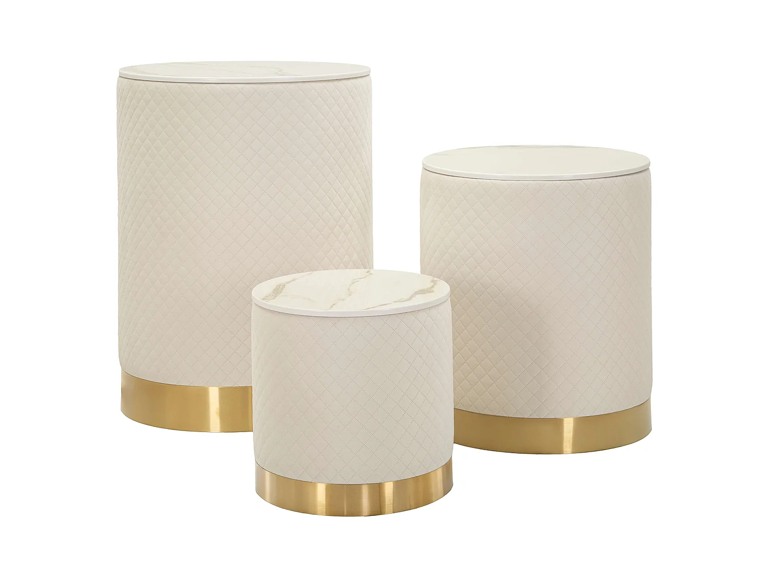 Pouf de Rangement Skagen, Forme Ronde, 60x60x80h cm Blanc, Structure Couleur or, Structure Métallique