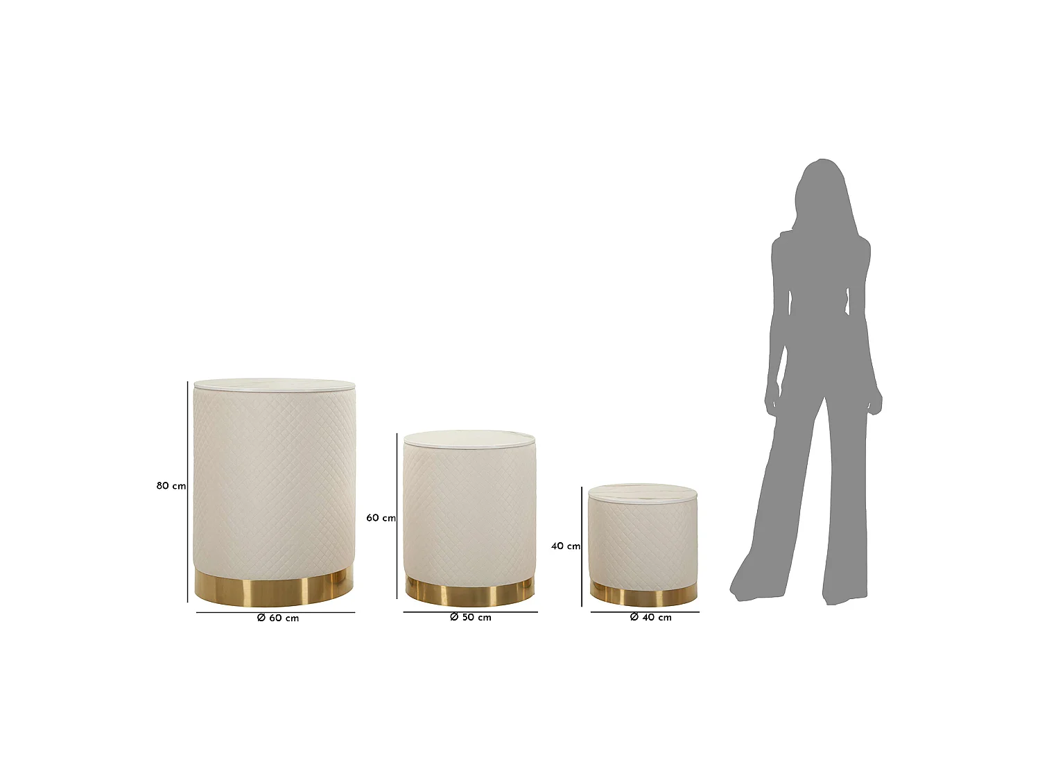 Pouf de Rangement Skagen, Forme Ronde, 60x60x80h cm Blanc, Structure Couleur or, Structure Métallique
