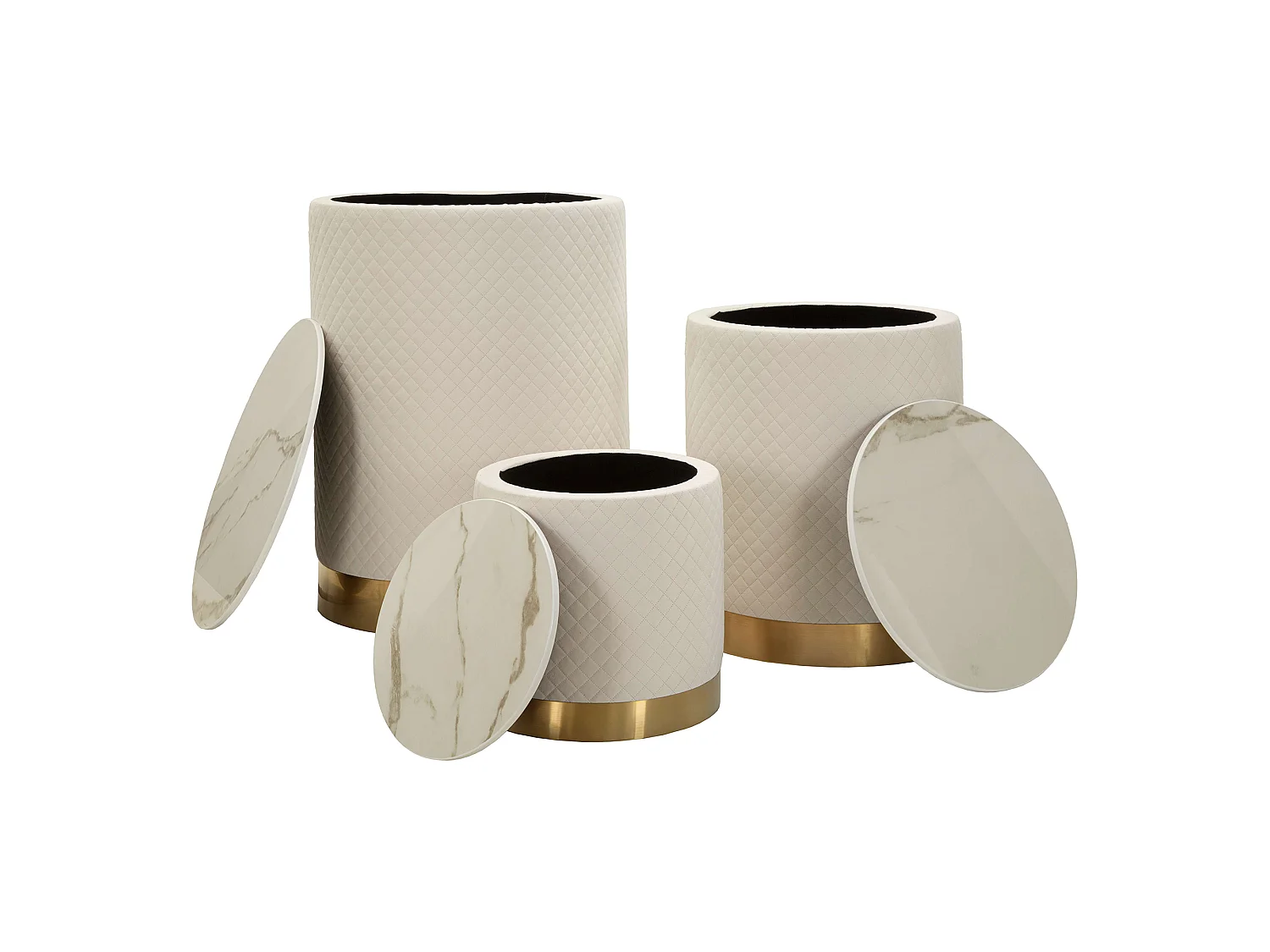 Pouf de Rangement Skagen, Forme Ronde, 60x60x80h cm Blanc, Structure Couleur or, Structure Métallique