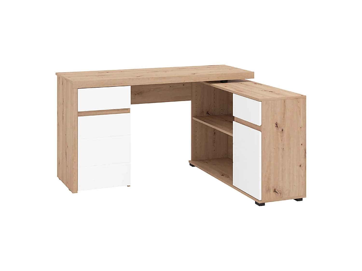 Étagère d'angle Piran, 140x124x77h cm Chêne Marron Nœuds, 2 Tiroirs, 5 Étagères