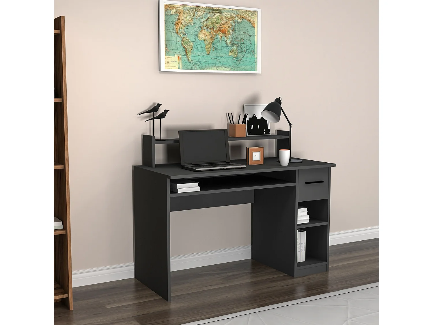 Scrivania Roletto, 5 Ripiani, 120x93x55h cm Nero Antracite, un Cassetto, 5 Vani