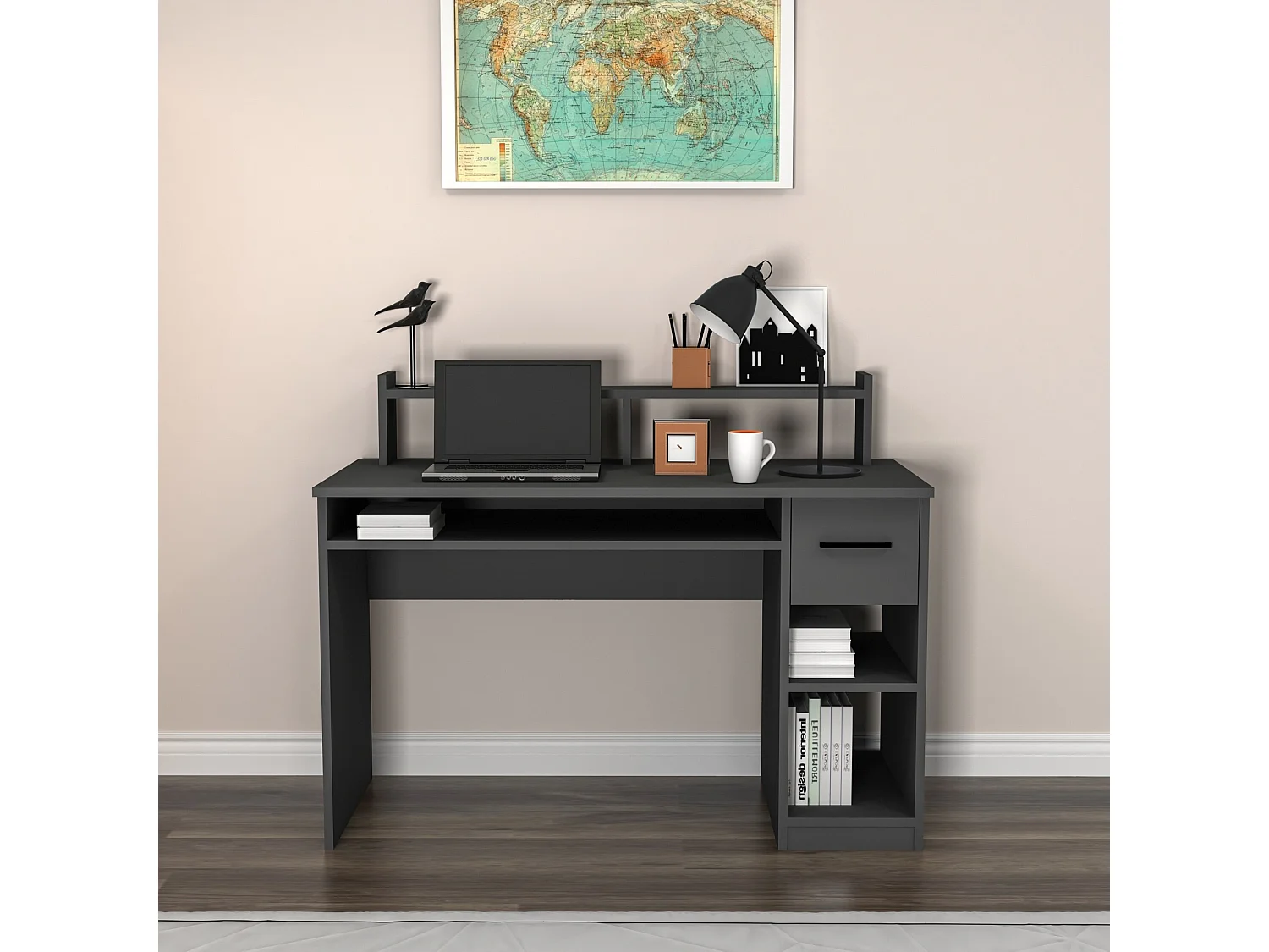 Scrivania Roletto, 5 Ripiani, 120x93x55h cm Nero Antracite, un Cassetto, 5 Vani