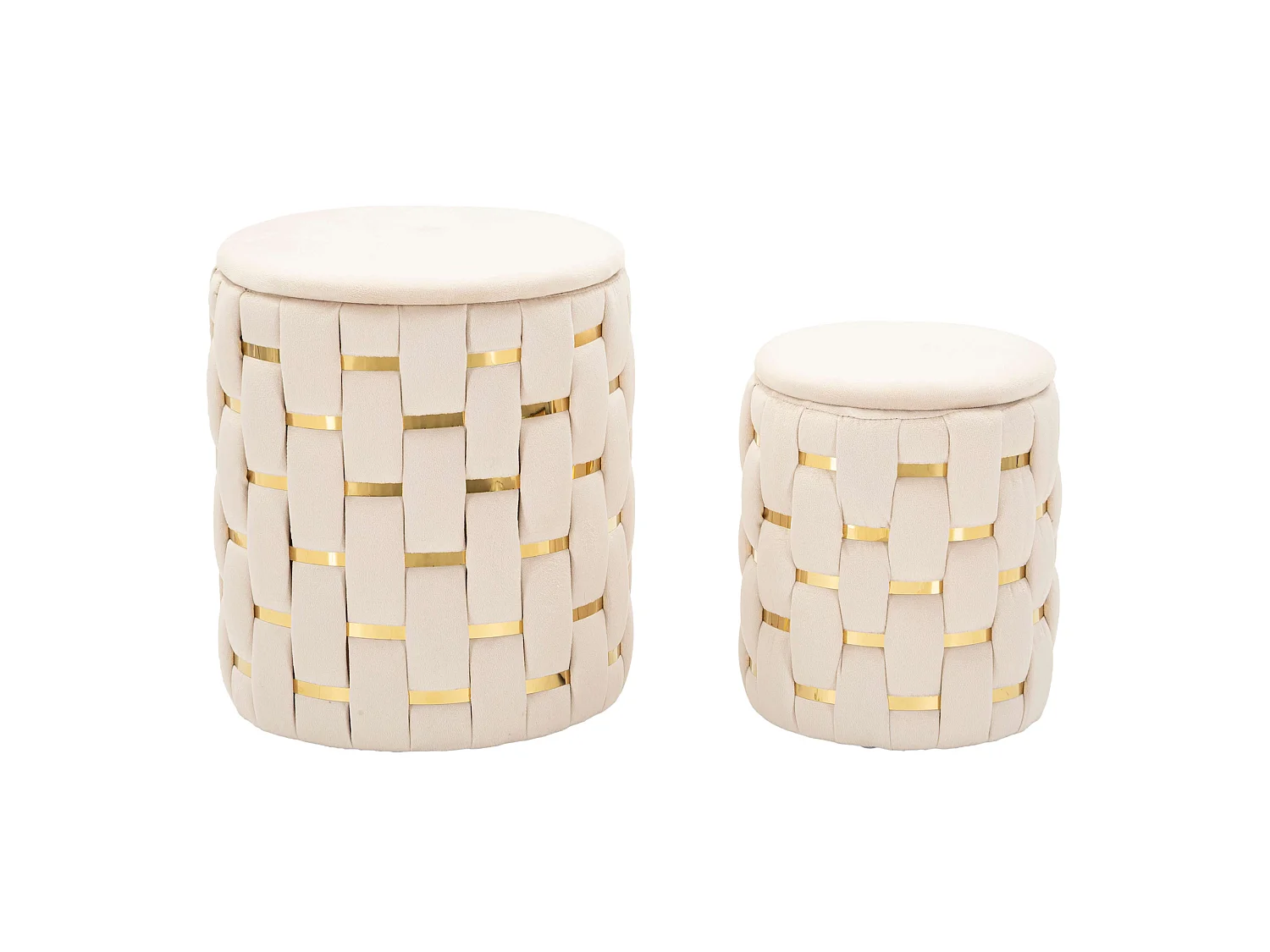 Pouf avec rangement Kasane, set de 2, 37x37x42h cm Blanc Crème, Forme Ronde, Structure couleur or