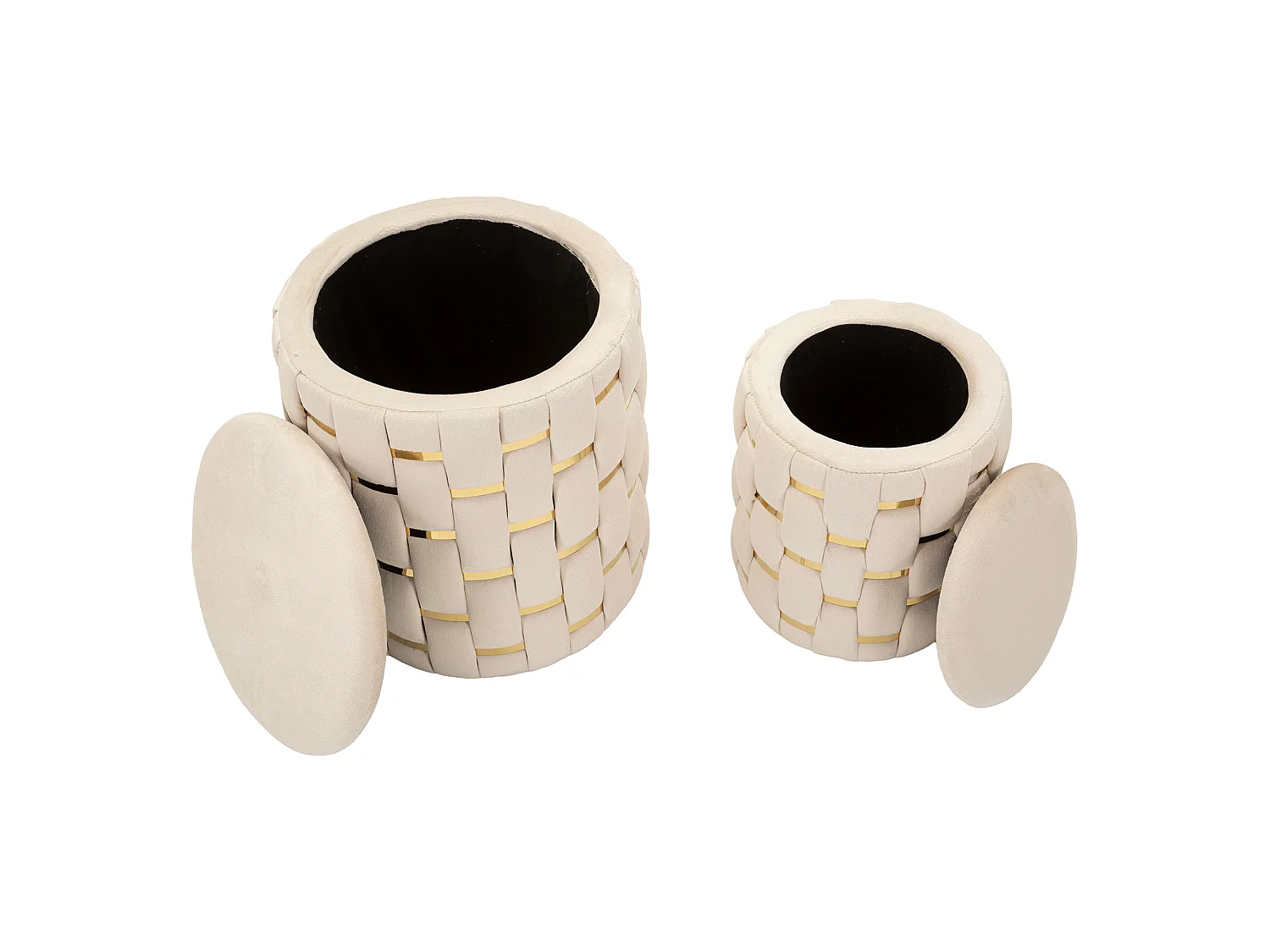 Pouf avec rangement Kasane, set de 2, 37x37x42h cm Blanc Crème, Forme Ronde, Structure couleur or