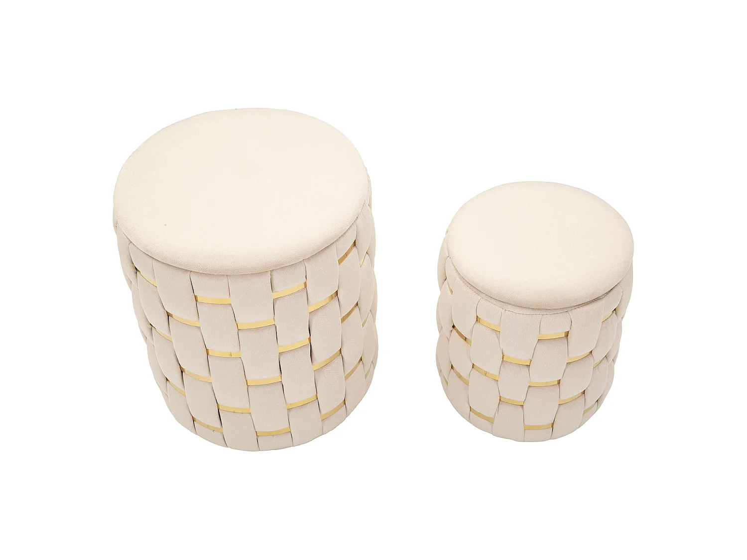 Pouf avec rangement Kasane, set de 2, 37x37x42h cm Blanc Crème, Forme Ronde, Structure couleur or