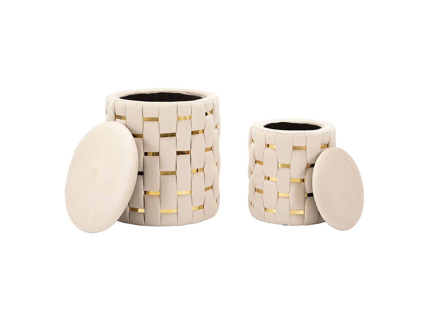 Pouf avec rangement Kasane, set de 2, 37x37x42h cm Blanc Crème, Forme Ronde, Structure couleur or