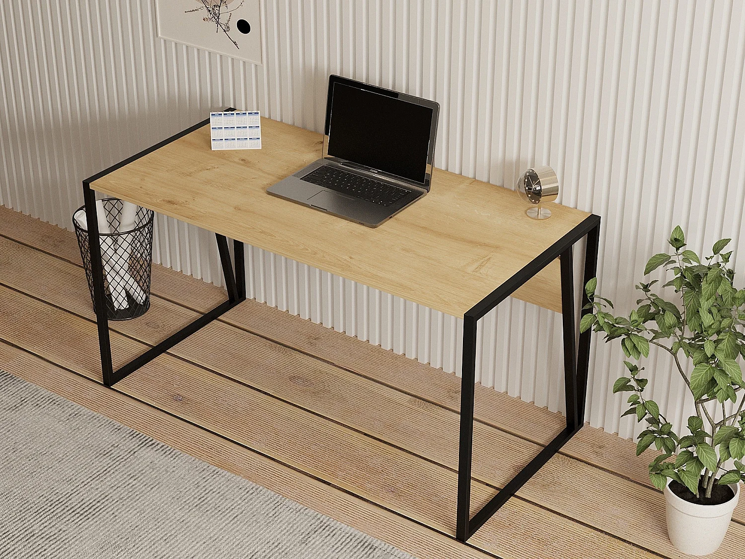 Schreibtisch Frascati, eine Platte, 140x70x74h cm Eichenbraun, Plattenschattierung Eiche, Gestellfarbe Schwarz