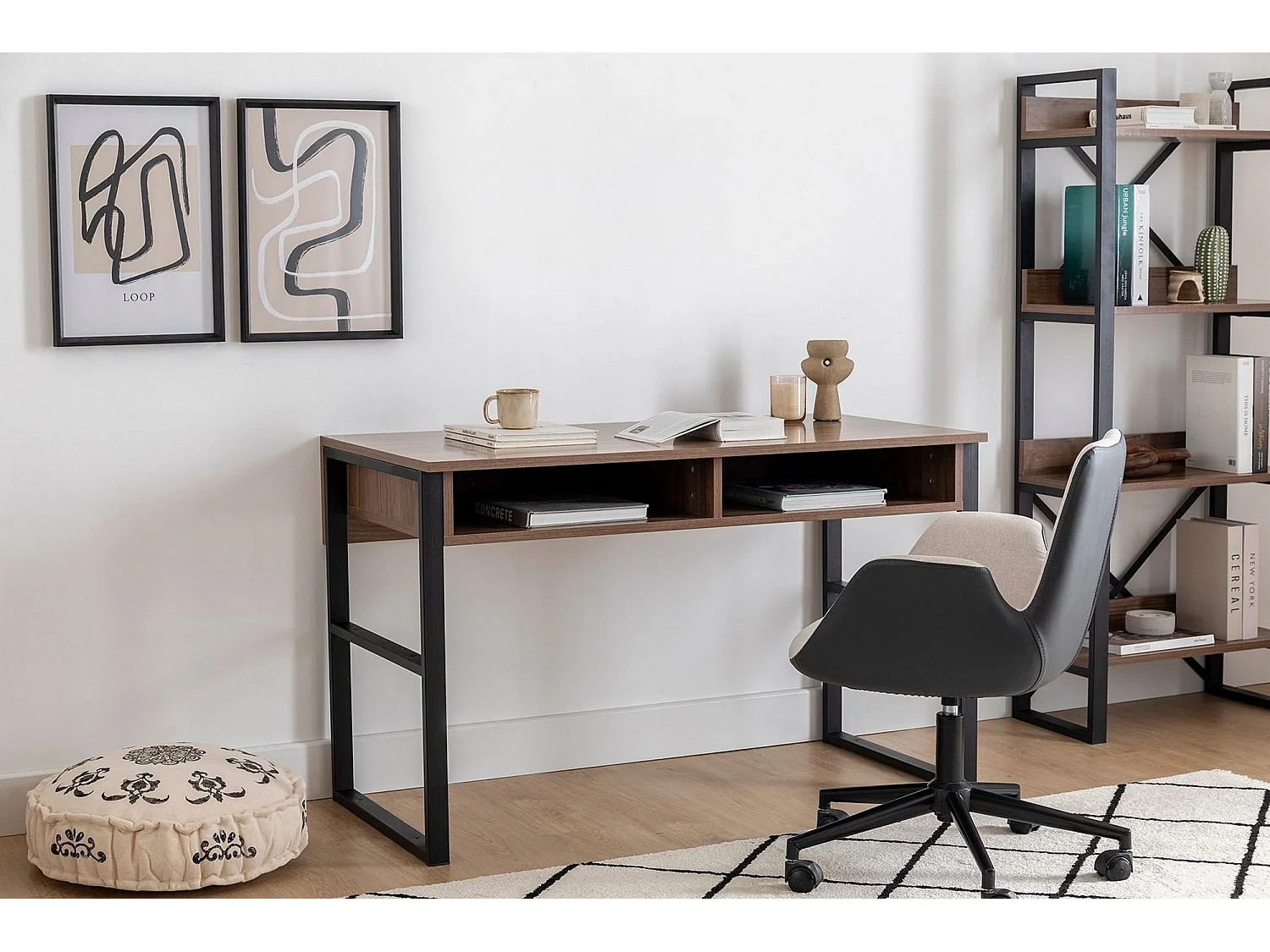 Bureau Samo, 3 étagères, 120x60x75h cm Noyer, 2 compartiments, plateau marron
