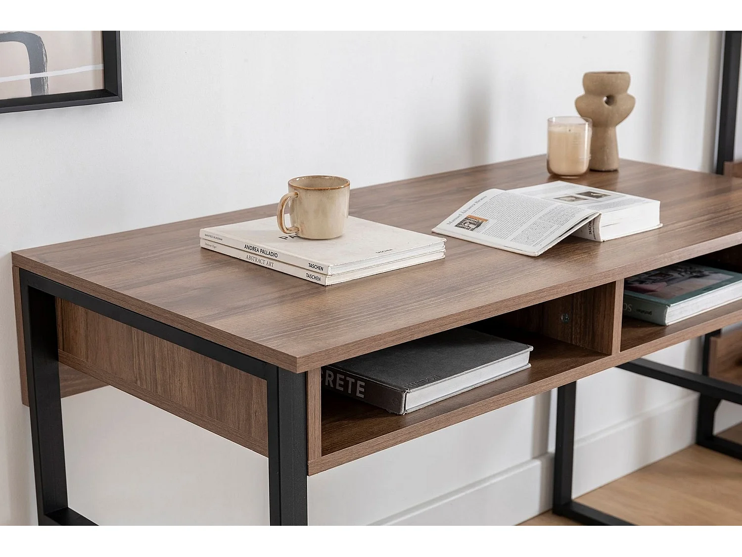 Bureau Samo, 3 étagères, 120x60x75h cm Noyer, 2 compartiments, plateau marron