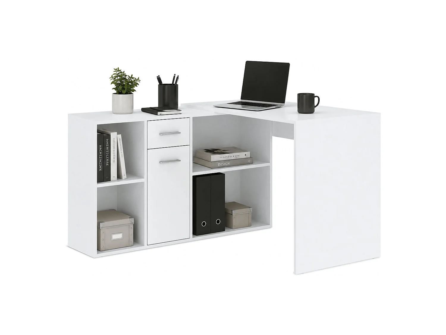 Bureau Linéaire, Modulable, 122x120x75h cm Blanc, Angle, un Tiroir