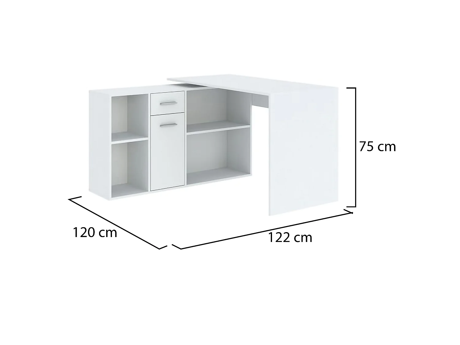 Bureau Linéaire, Modulable, 122x120x75h cm Blanc, Angle, un Tiroir