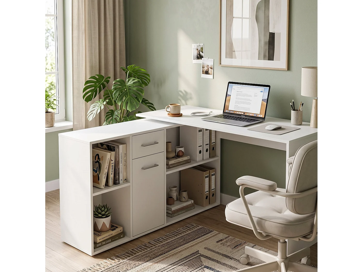 Bureau Linéaire, Modulable, 122x120x75h cm Blanc, Angle, un Tiroir