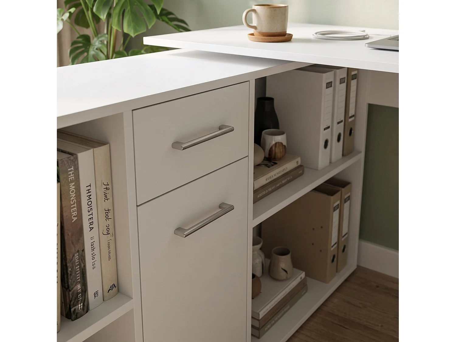 Bureau Linéaire, Modulable, 122x120x75h cm Blanc, Angle, un Tiroir