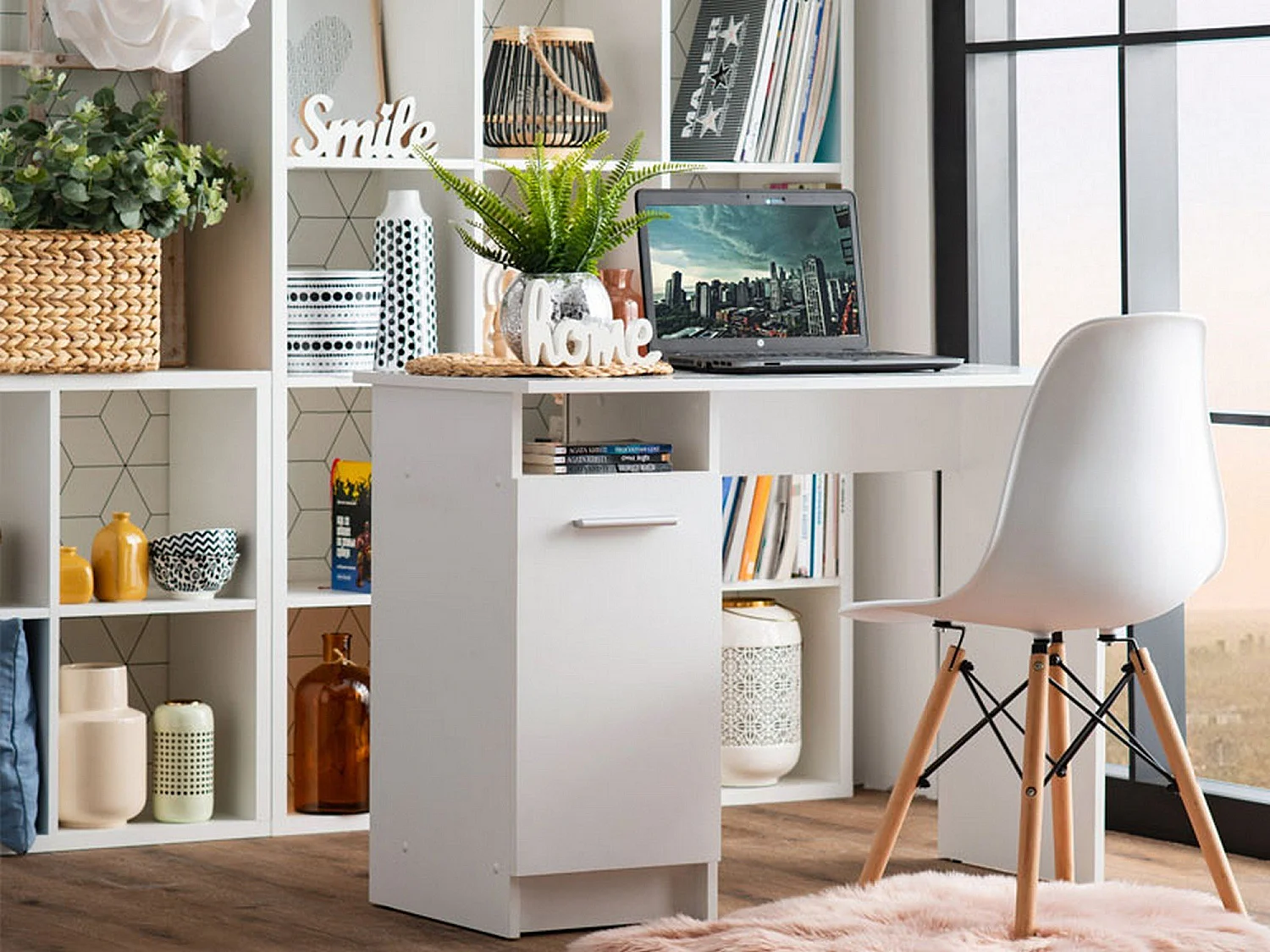 Bureau Tiriolo, 2 Étagères, 100x50x75h cm Blanc Mat, 3 Compartiments, Une porte