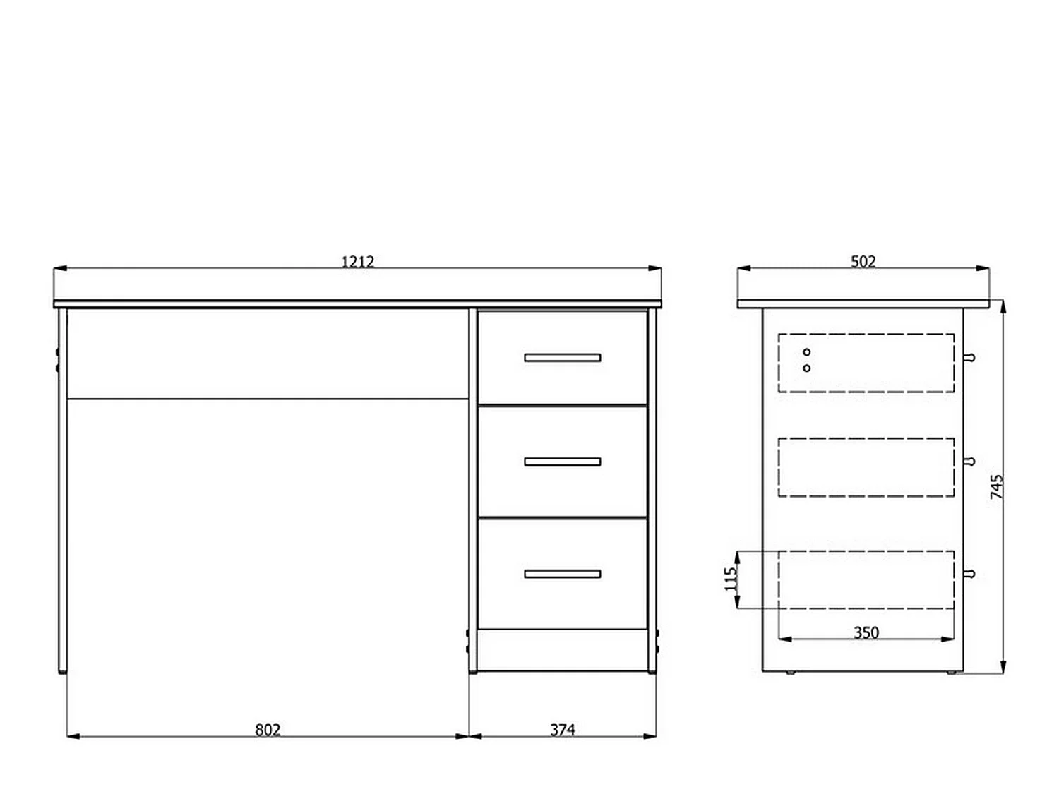 Bureau Rifiano, un plateau, 121x50x75h cm blanc, 3 tiroirs, poignées incluses