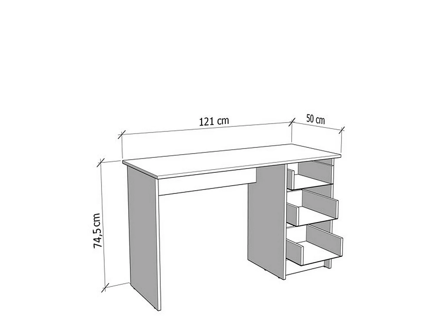 Bureau Rifiano, un plateau, 121x50x75h cm blanc, 3 tiroirs, poignées incluses