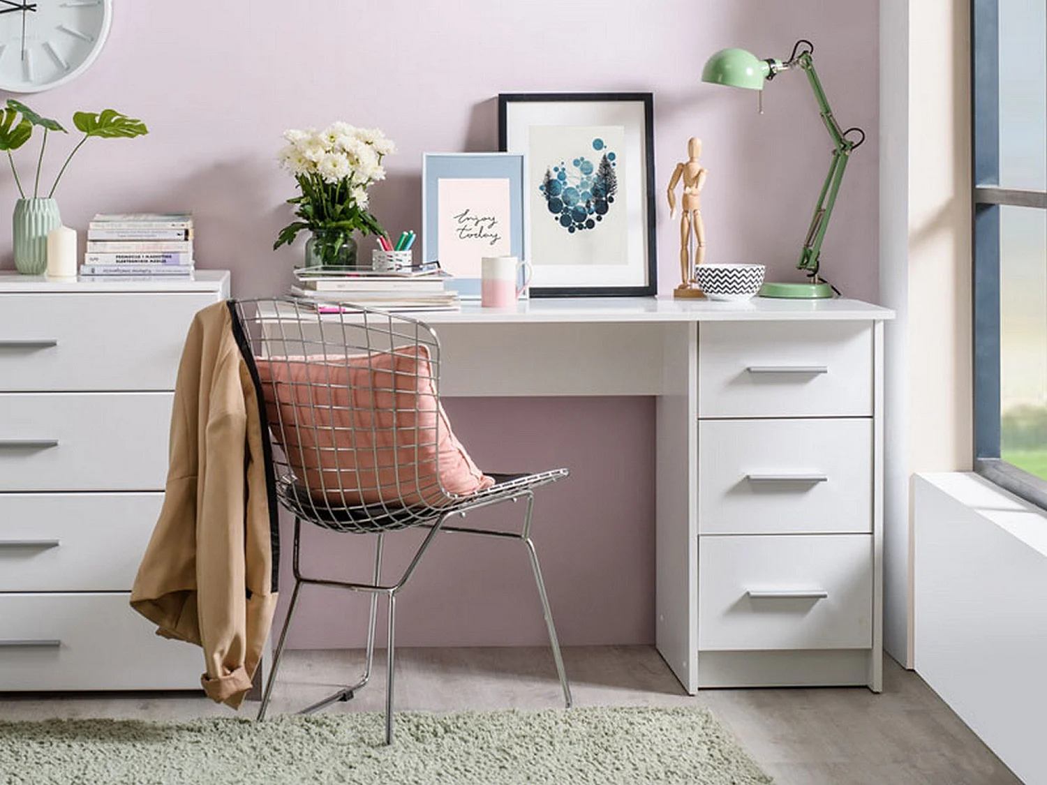 Bureau Rifiano, un plateau, 121x50x75h cm blanc, 3 tiroirs, poignées incluses