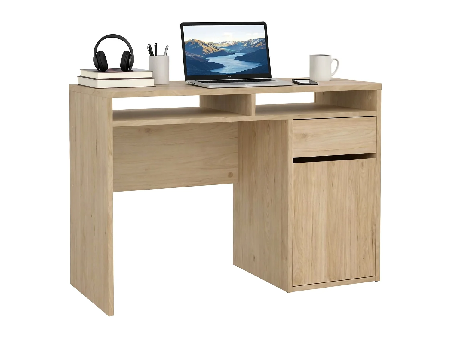 Bureau Abbadu, één lade, 110x48x77h cm eikenbruin, één deur, kleurverloop, eiken legplank
