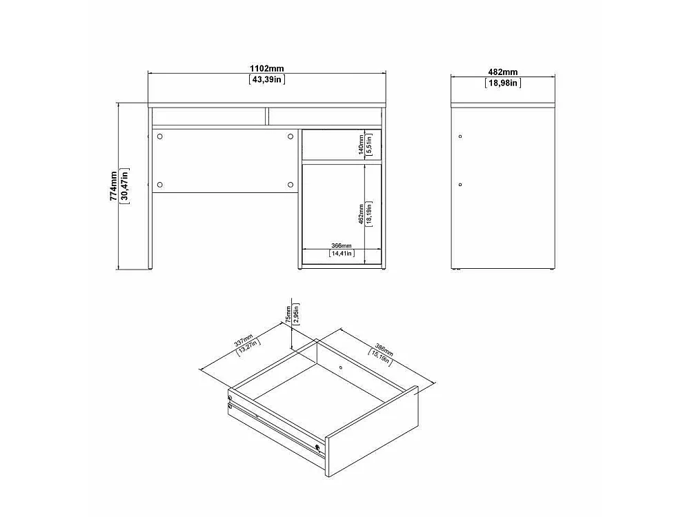 Bureau Abbadu, één lade, 110x48x77h cm eikenbruin, één deur, kleurverloop, eiken legplank