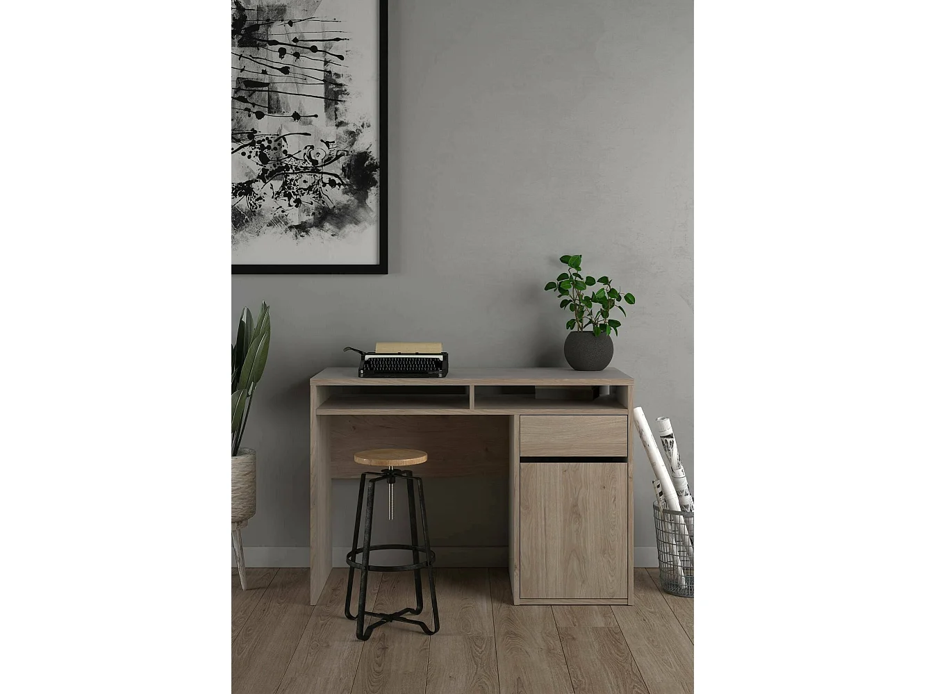 Bureau Abbadu, één lade, 110x48x77h cm eikenbruin, één deur, kleurverloop, eiken legplank