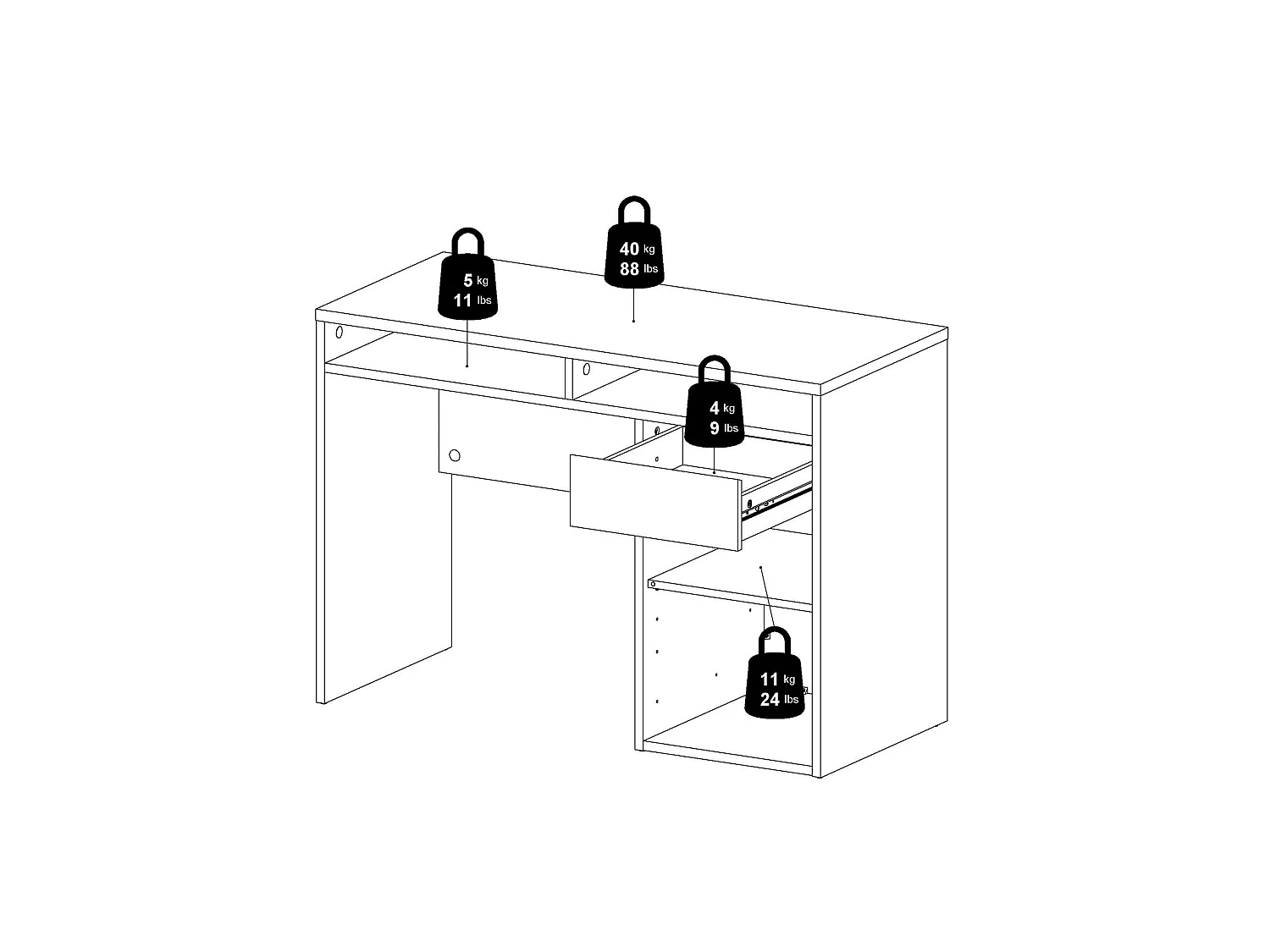 Bureau Abbadu, één lade, 110x48x77h cm eikenbruin, één deur, kleurverloop, eiken legplank