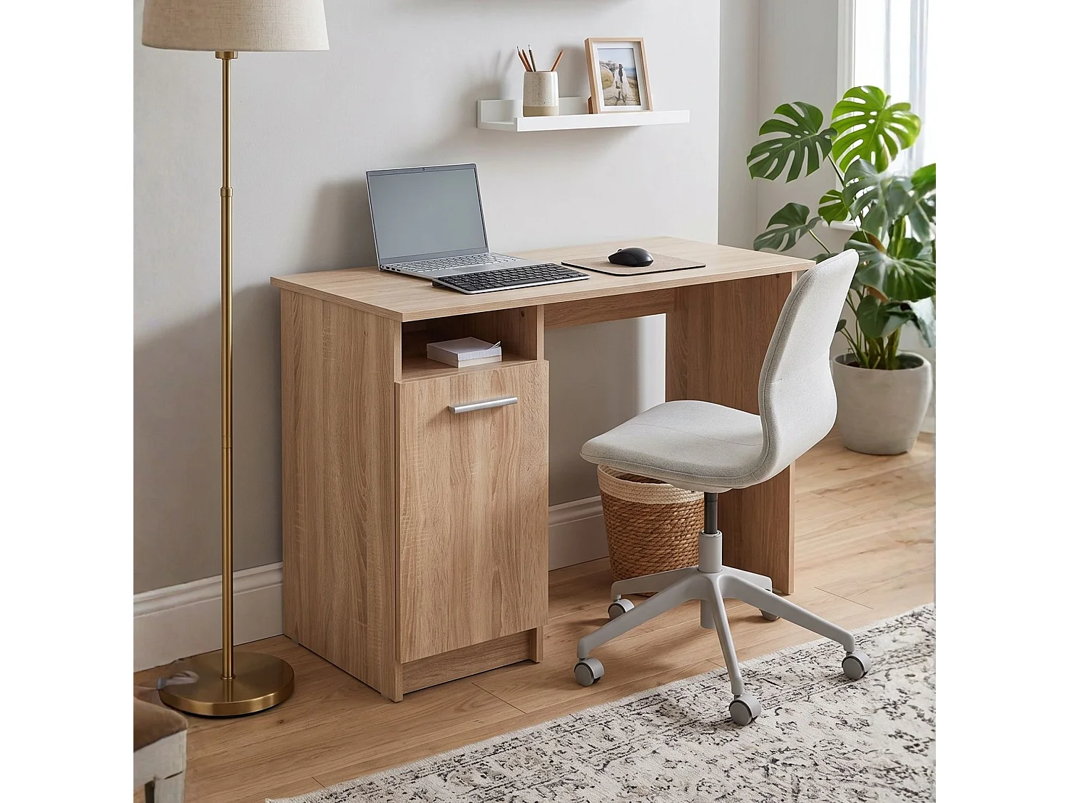 Bureau Tiriolo, 2 étagères, 100x50x75 cm Chêne brun, 3 compartiments, 1 porte