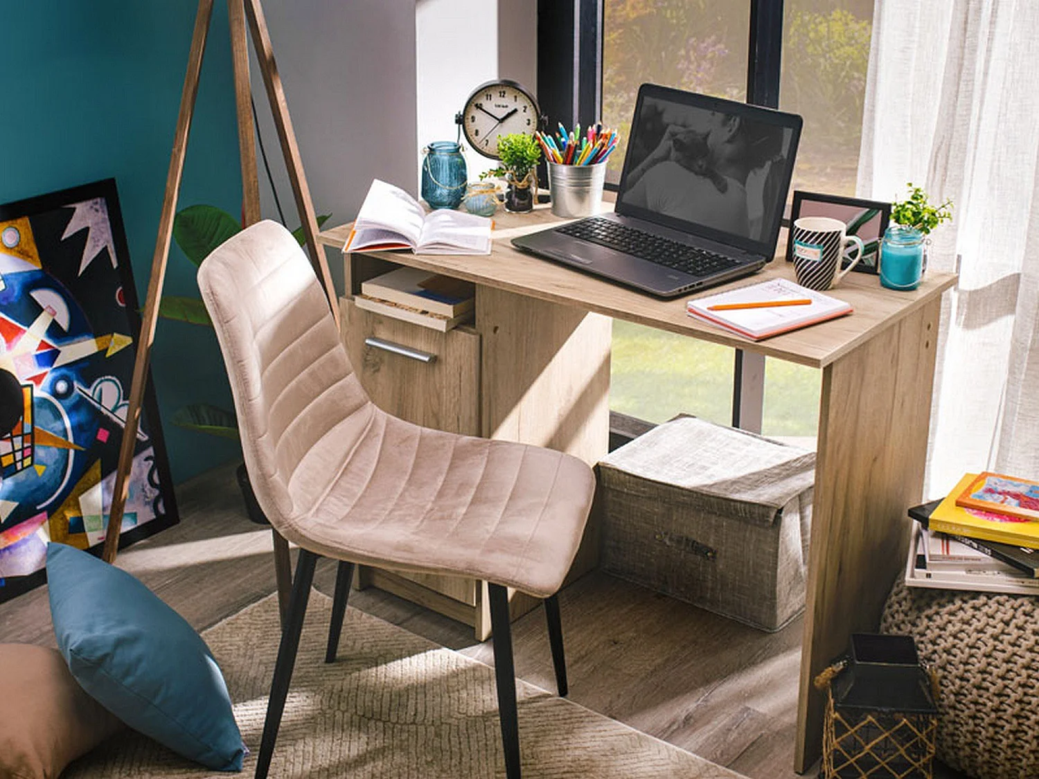 Bureau Tiriolo, 2 étagères, 100x50x75 cm Chêne brun, 3 compartiments, 1 porte